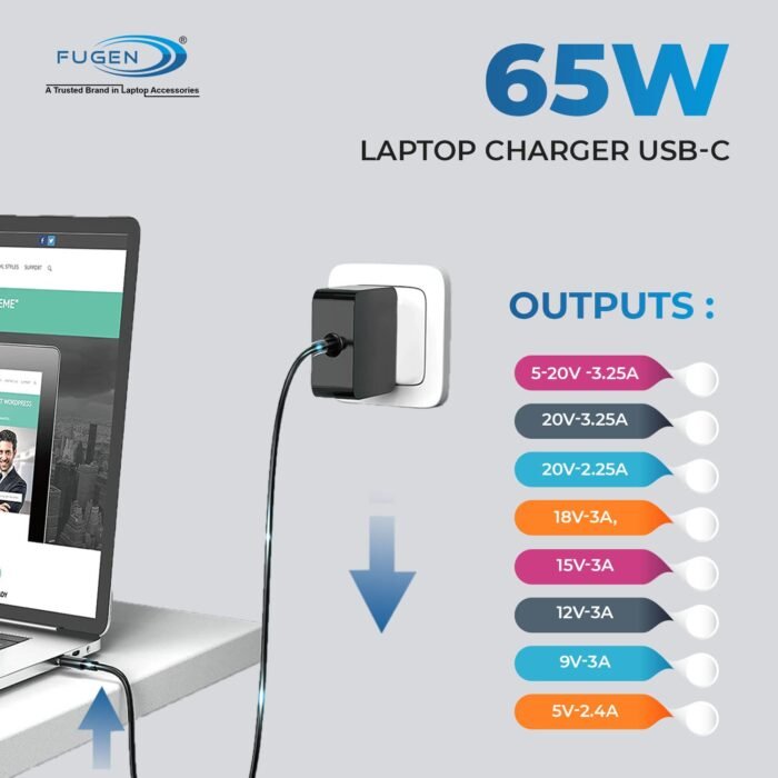 Fugen Universal Wall 65W (5V-20V) USB Type-C Adapter Laptop Charger for de-ll, lenvo, accer,H-P, assus, accer Laptop Notebooks, Black - Image 2