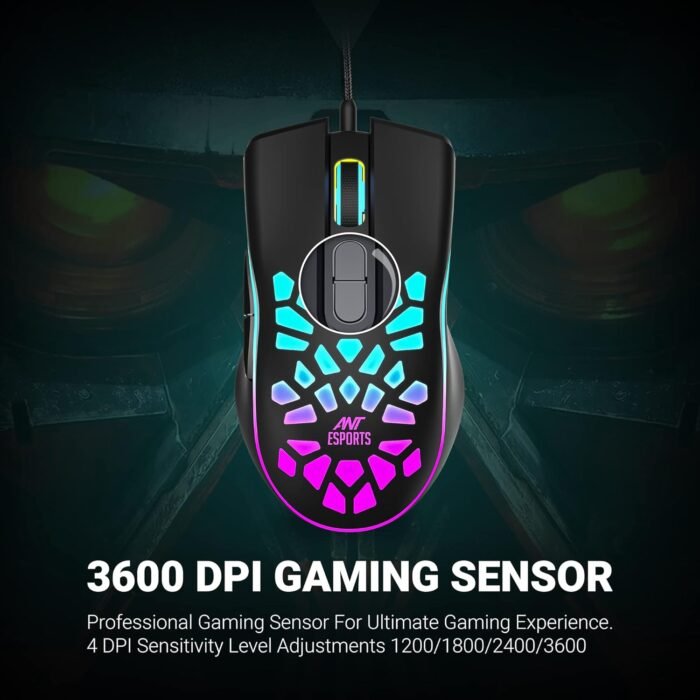 Ant Esports GM80 USB RGB Wired 6 Programmable Buttons, 3200 DPI Adjustable, Optical Gamer Gaming Mice Gaming Mouse with Multicolour LED Lights - Black - Image 3