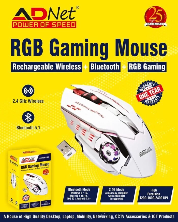 Adnet Dual-Mode RGB Wireless Gaming Mouse – Rechargeable Bluetooth & 2.4GHz Optical Mouse with Adjustable DPI, Silent Click, LED Backlit, Compatible with Windows & MacOS. - Image 8