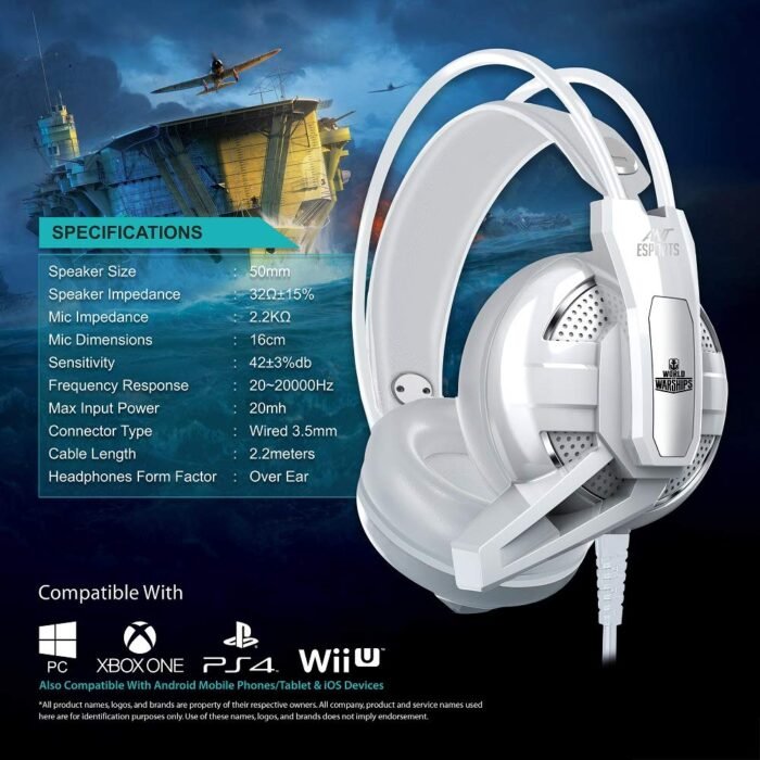 Ant Esports H520W World Of Warships Edition Lightweight Gaming Over Ear Wired Headphones with Mic| 3.5MM Jack |50 MM Drivers | Compatible with PC/ PS4 / Xbox One / Nintendo / Mobile (White) - Image 6