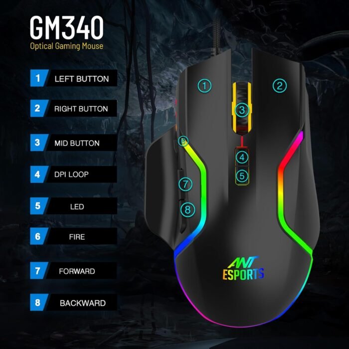 Ant Esports GM340 Ergonomic Design with Braided Cable,8 Programmable Buttons,Upto 12800 DPI Wired Optical Gaming Mouse (USB 2.0, Black) - Image 2