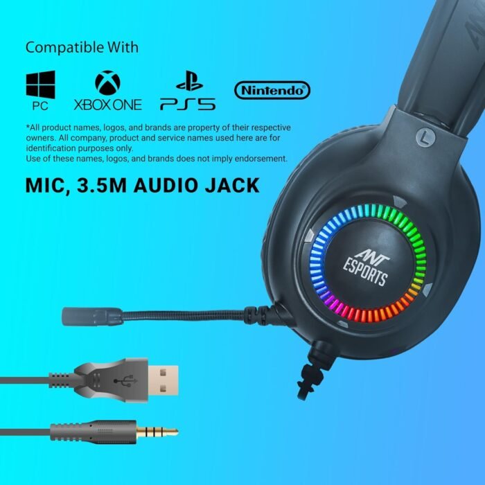 Ant Esports H580 Gaming Headset with Microphone for PS4 PC Xbox one PS5 Switch Laptop, Over Ear Headphones Wired with Noise Cancelling Mic, 3.5m Audio Jack, 50mm Stereo Drivers, Led Light – Black - Image 4