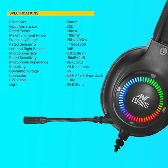 Ant Esports H580 Gaming Headset with Microphone for PS4 PC Xbox one PS5 Switch Laptop, Over Ear Headphones Wired with Noise Cancelling Mic, 3.5m Audio Jack, 50mm Stereo Drivers, Led Light – Black - Image 3