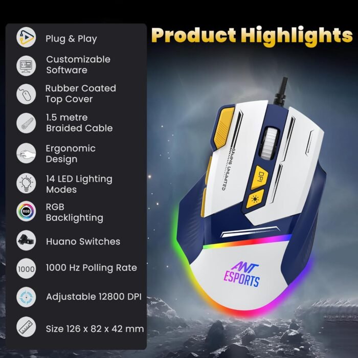 Ant Esports GM333 12800DPI RGB Wired Gaming Mouse Blue/White/Yellow - Image 4
