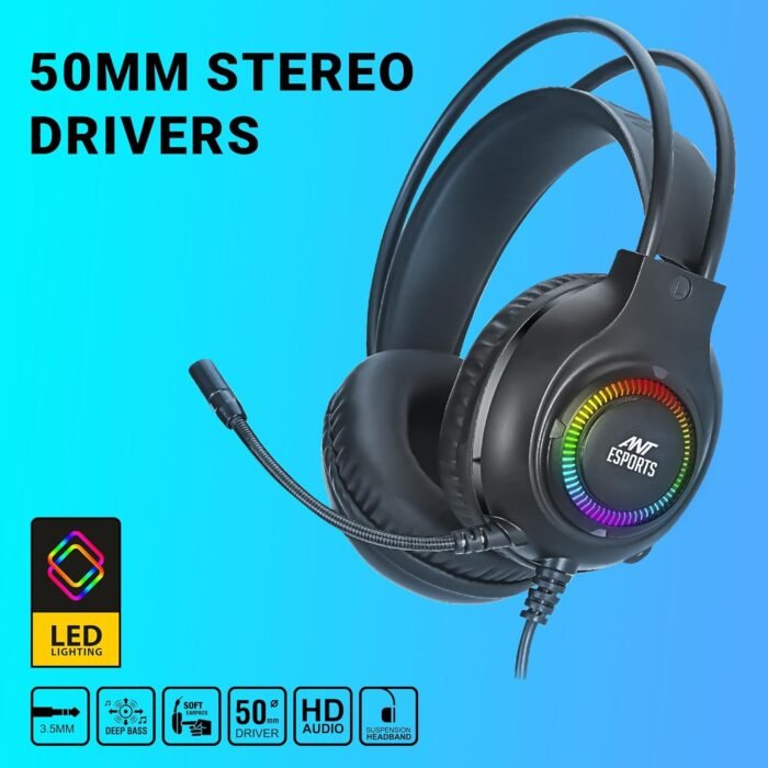 Ant Esports H580 Gaming Headset with Microphone for PS4 PC Xbox one PS5 Switch Laptop, Over Ear Headphones Wired with Noise Cancelling Mic, 3.5m Audio Jack, 50mm Stereo Drivers, Led Light – Black - Image 2