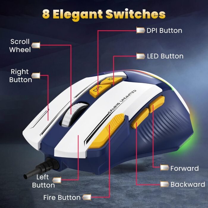 Ant Esports GM333 12800DPI RGB Wired Gaming Mouse Blue/White/Yellow - Image 2