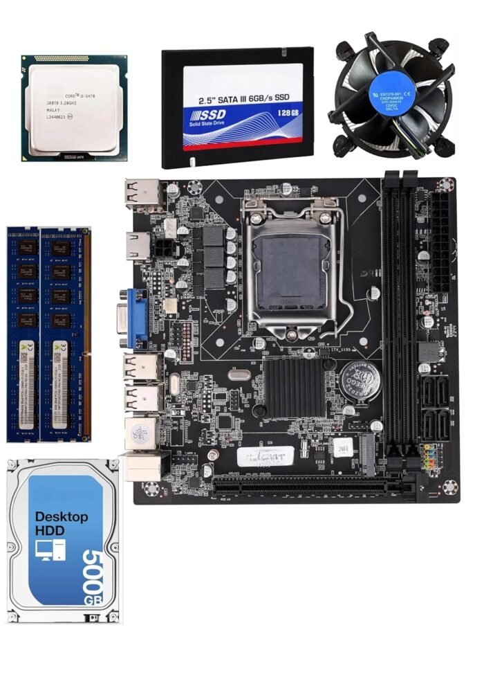 PreSolve| H61 Motherboard Combo/Kit with i5-3470 Processor, 128GB SSD, 500GB HDD, 8+8GB DDR3 RAM, Mystery Gift, and Free CPU Fan at (Window 10 Pro/MS Office). - Image 1